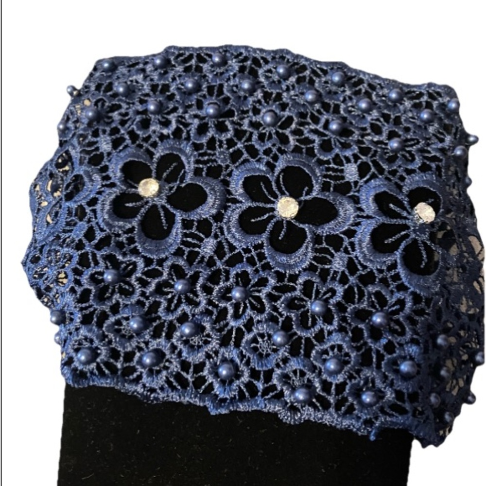 BohoChic Crystal & Pearl Embellished Floral Wide Navy Blue Headband Stretch Back